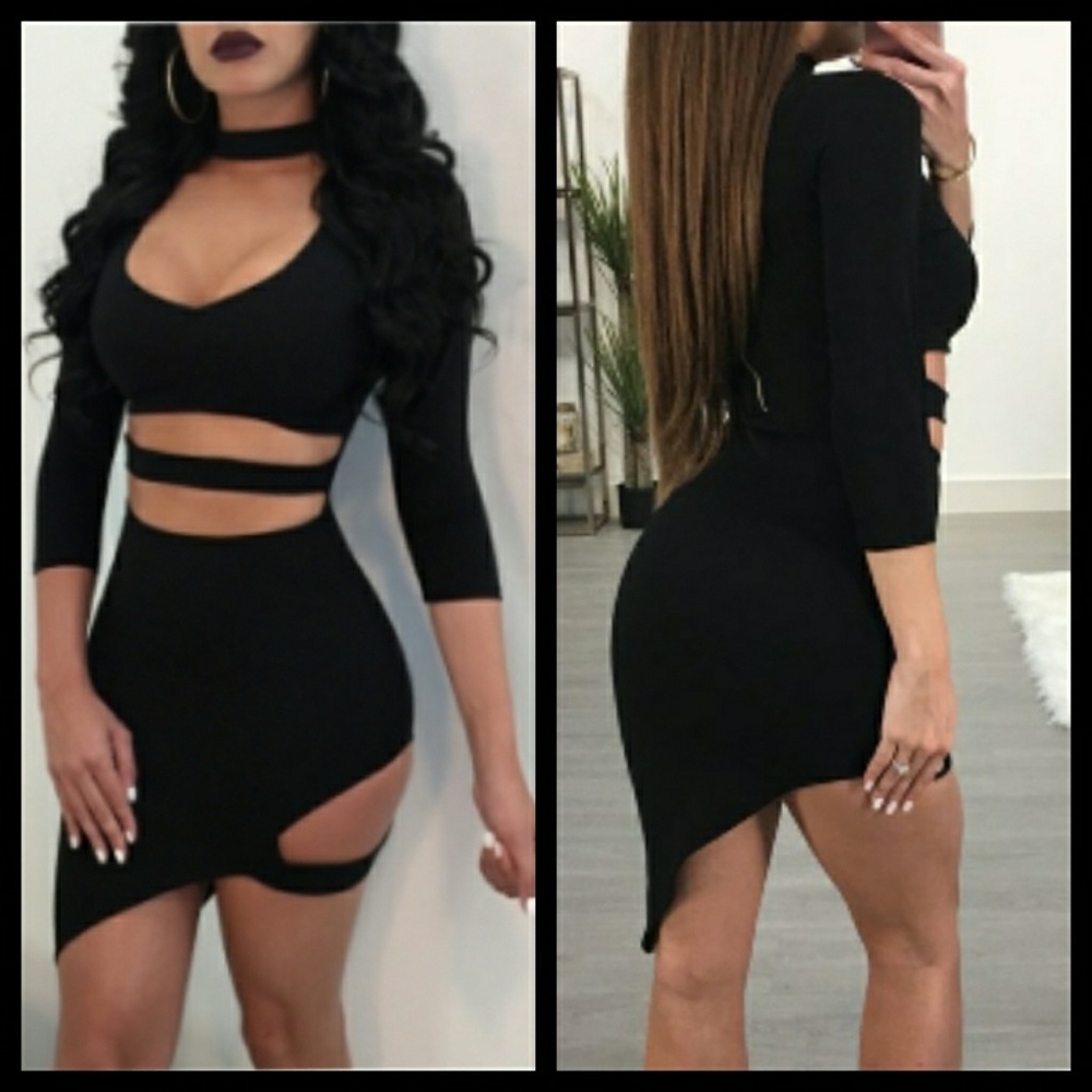 Sexy Turtleneck Hollow-out Black Polyester Mini Dr